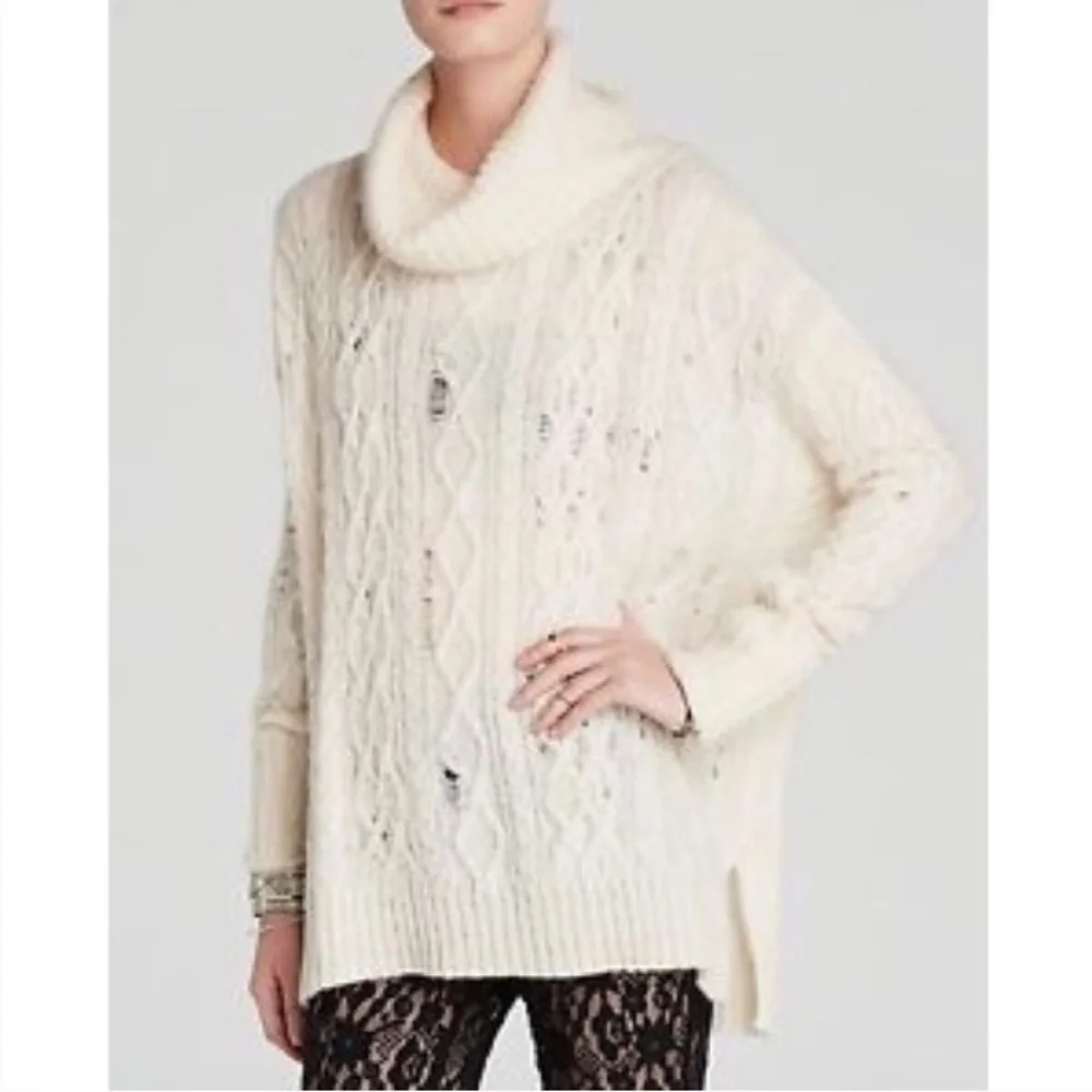 Free People Ivory Distressed Cowl Neck Sweater